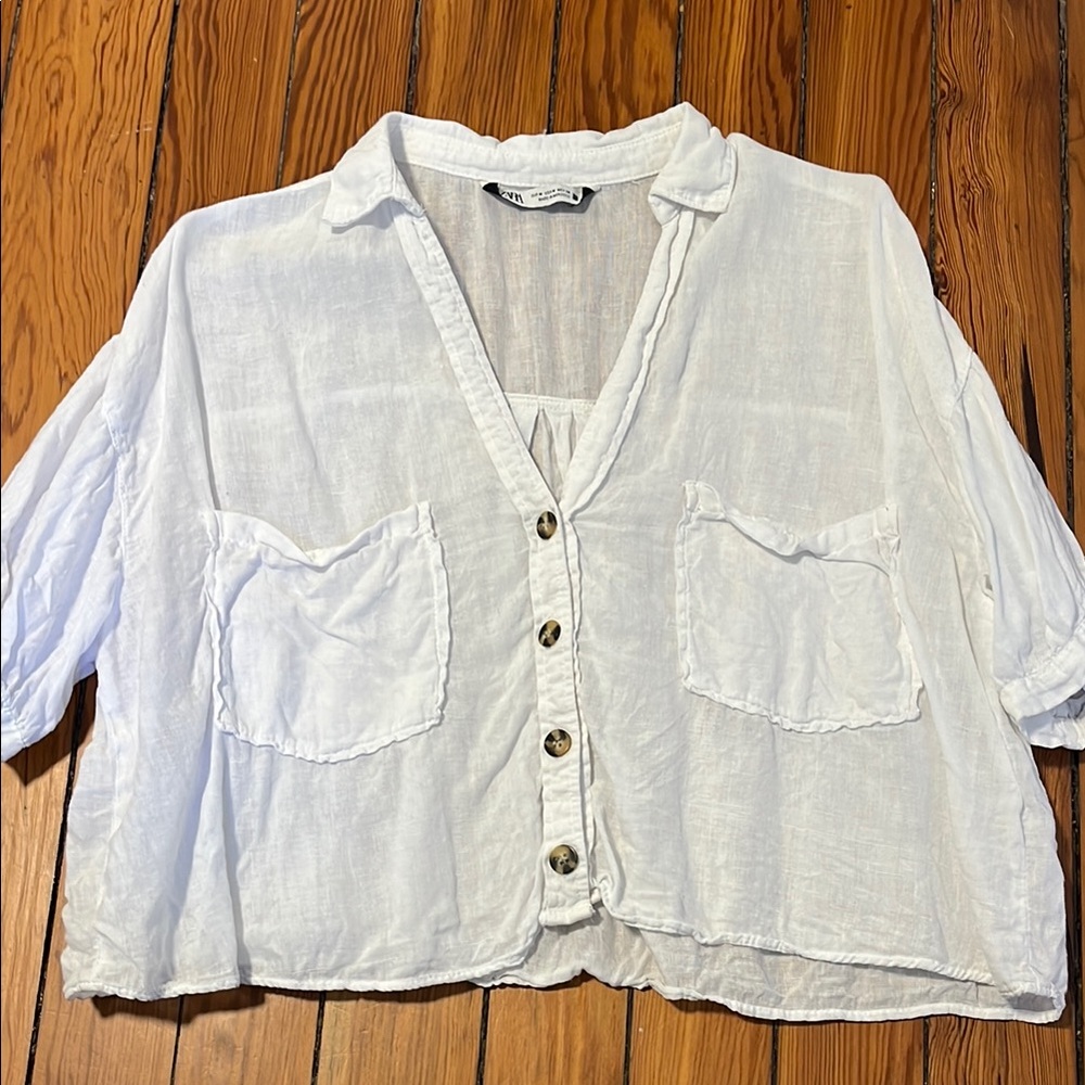 Zara White Linen Button-Up Women's Top
